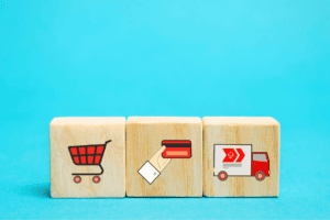 Online Shopping and Delivery on Wooden Blocks