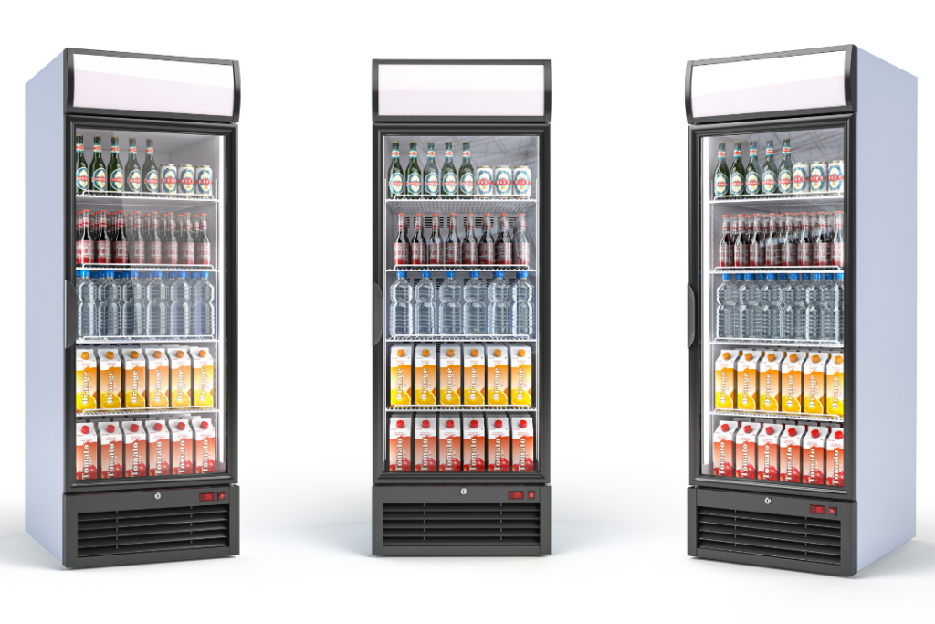 Refrigerated Display Case with Beverages and Juices. Displaying convenience store cooler merchandising.