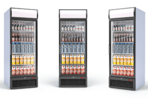 Refrigerated Display Case with Beverages and Juices. Displaying convenience store cooler merchandising.