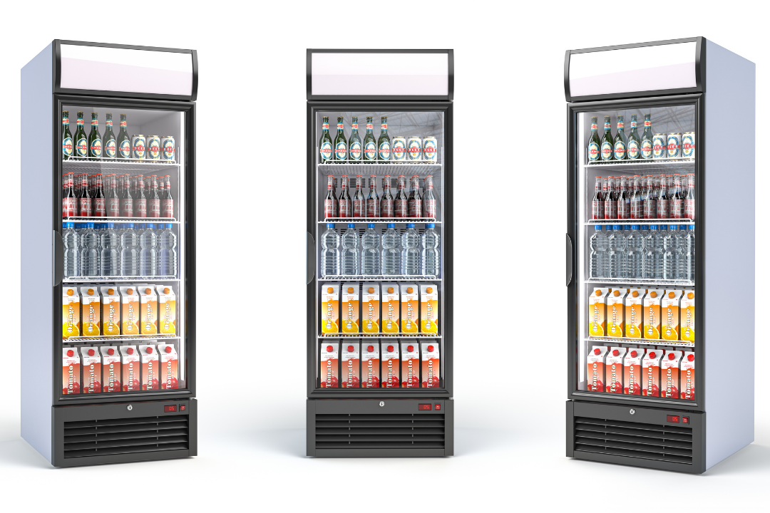 Refrigerated Display Case with Beverages and Juices. Displaying convenience store cooler merchandising.